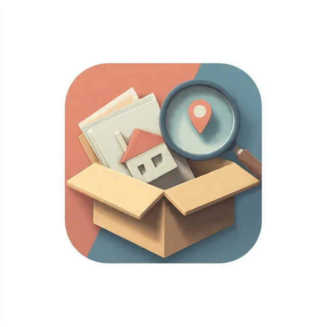Stowbook app illustration: a cardboard box with household items and a magnifying glass with a location pin